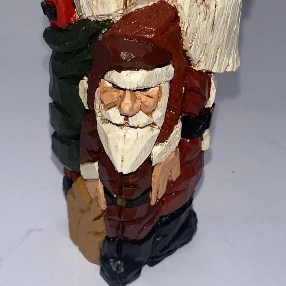 Carved Resin Wood Square Santa Figurine Folk Art Donis Mitchell Signed Christmas